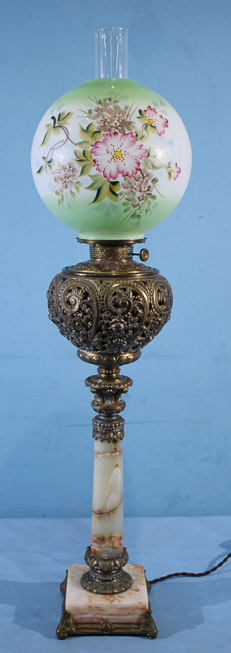 007a - Alabaster and brass banquet lamp with white and green hand painted floral shade, has old repair, 38 in. T, 6.5 in. Sq. base